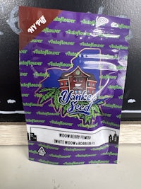 a bag of marijuana with a purple logo on it